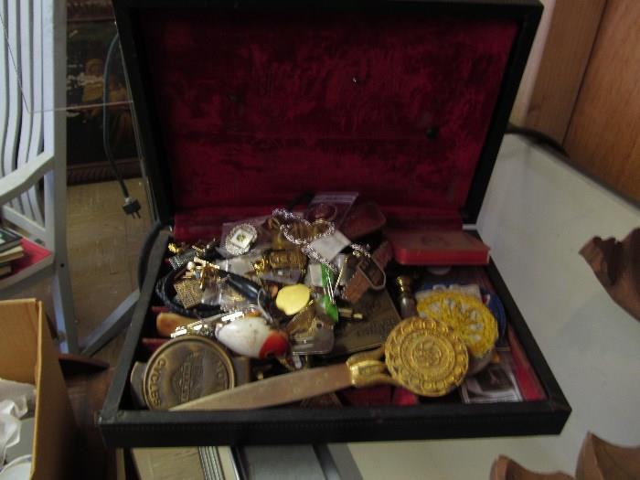 boxed lots with sterling, gold filled items, keepsakes and interesting smalls.