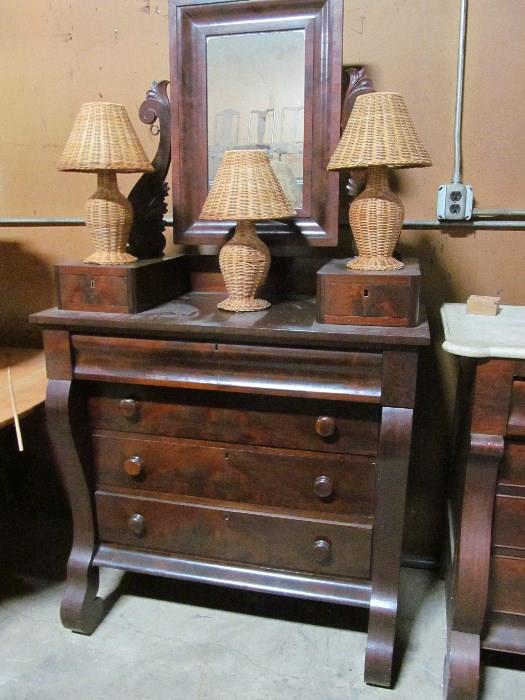 Mahogany Empire style rolled/scroll front dresser with mirror