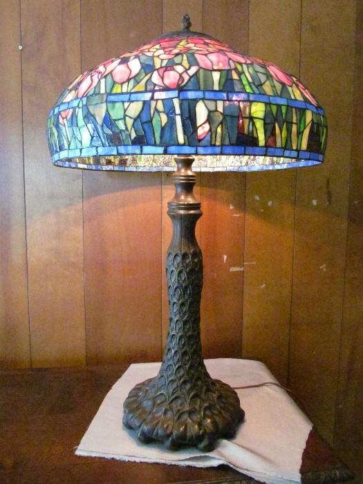 Antique bronze and stained glass lamp
