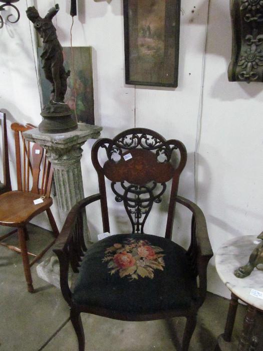 Carved antique needlepoint queen's chair