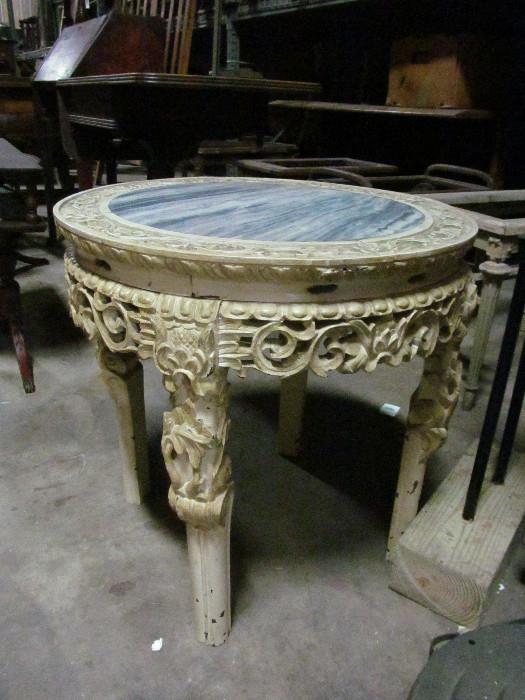 Antique Carved Painted Rosewood Table with Marble Insert.