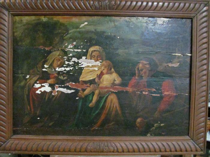 Antique Religious Oil Painting on Tongue and Groove planks and hand carved frame.  Large!