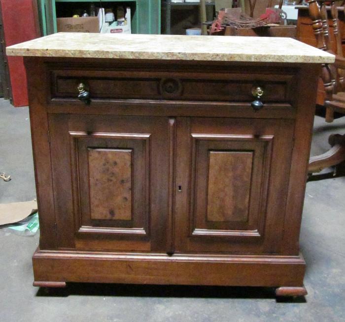 Antique Victorian Chest/Vanity Walnut and Burlwood detailing and granite top.  Beautiful. With ebony handles.