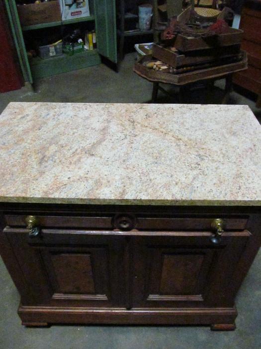Antique Victorian Chest/Vanity with Walnut and Burlwood detailing and granite top.  Beautiful. With ebony handles.