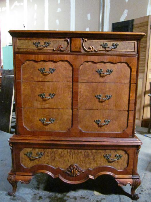 1800s French Highboy Dresser with Burlwood Detailing