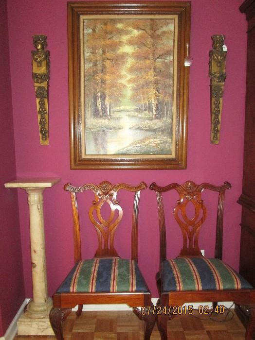 Solid Onyx plant stand/pedestal, original oil painting, carved "King & Queen" pieces