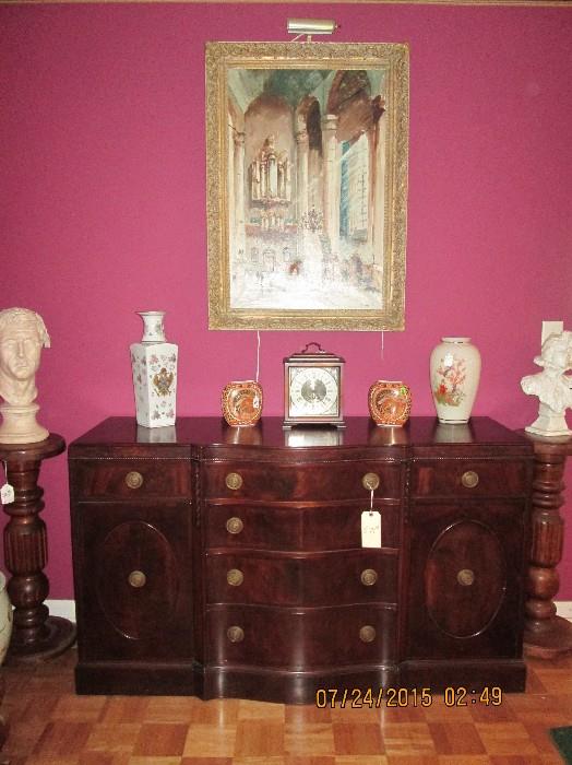 Mahogany serpentine buffet, original oil painting, Andrea oriental motif vase, etc,