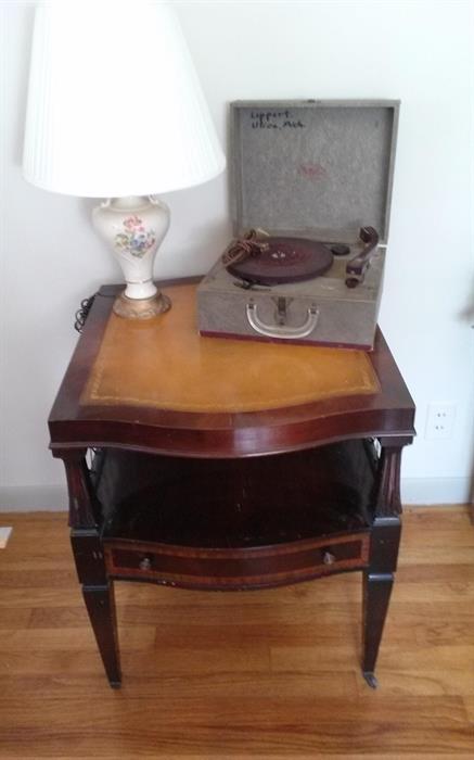 antique leather top end table - antique record player