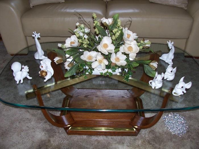 Glass Top Accent Table and Freeman Figurines