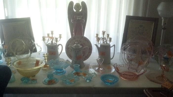 Ceramic angel, depression glass, Fenton, Victorian frames