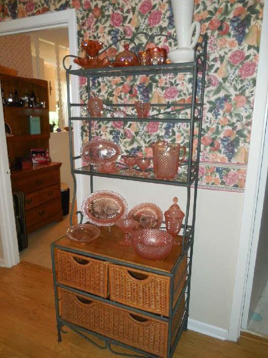 Wicker Bakers Rack, Pink Depression, Carnival Glass