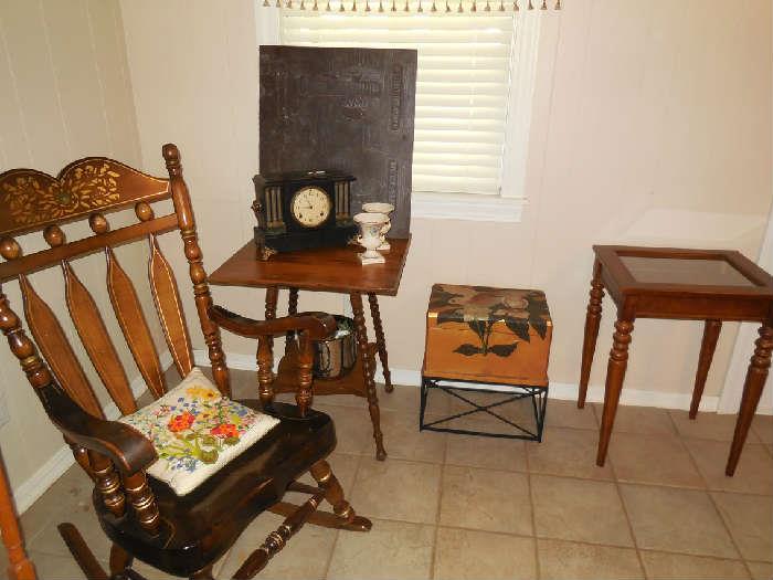 Early American Rocker, Turned Leg Lamp Table, Painted Box on Metal Stand, Column Clock, Display Table