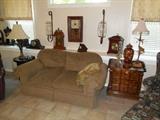 Love Seat, End Tables, Lamps, Clocks