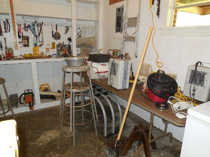 Shop contents: stools, power tools, heaters, shop vac, hand tools.
