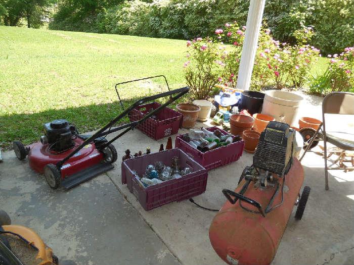 Push Mower, old bottles, air compressor, several dozen old coke bottles