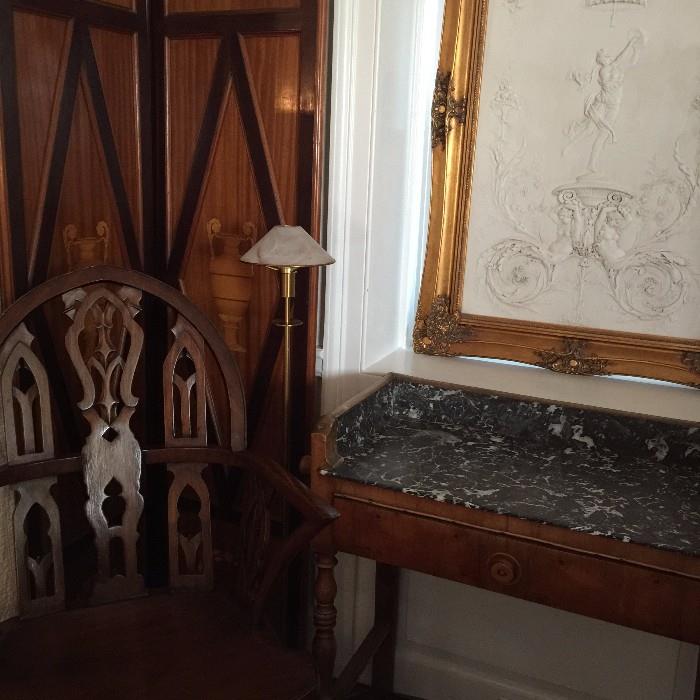 Pair Of French Marquetry Panels/Carved Marble Plaque/French Walnut And Marble Table/Maitland-Smith Gothic Style Chair