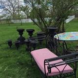 Wrought Iron Urns And Bench/Hand Painted Ceramic Table