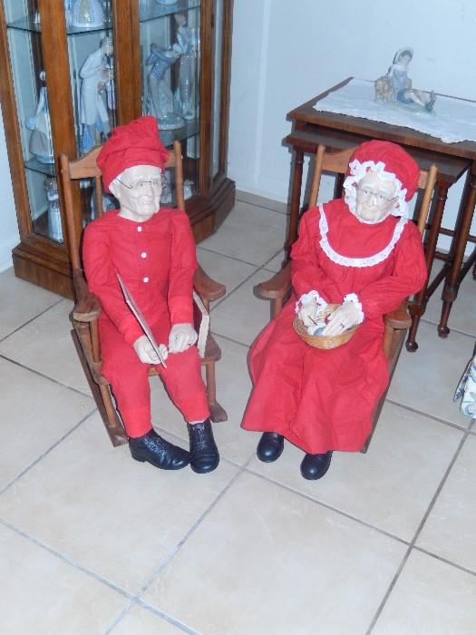 PAIR OF ONE OF A KIND DOLLS AND EARLY ROCKING CHAIRS