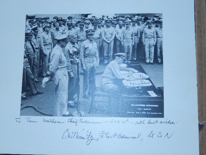 PHOTOGRAPH OF THE SURRENDER OF THE JAPANESE PERSONALISED WITH THE ORIGINAL COMMENT AND SIGNATUE OF ADMIRAL NIMITZ