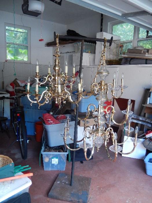 2 MAGNIFICENT GOLD PLATED CHANDELIERS ONE WITH CRYSTAL ONE WITHOUT