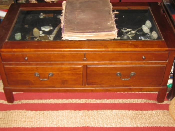 VINTAGE COFFEE TABLE with GLASS TOP & DISPLAY DRAWERS