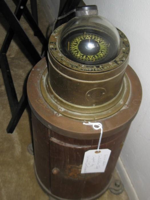 ANTIQUE CONSTELLATION SHIP COMPASS MOUNTED ON BARRELL