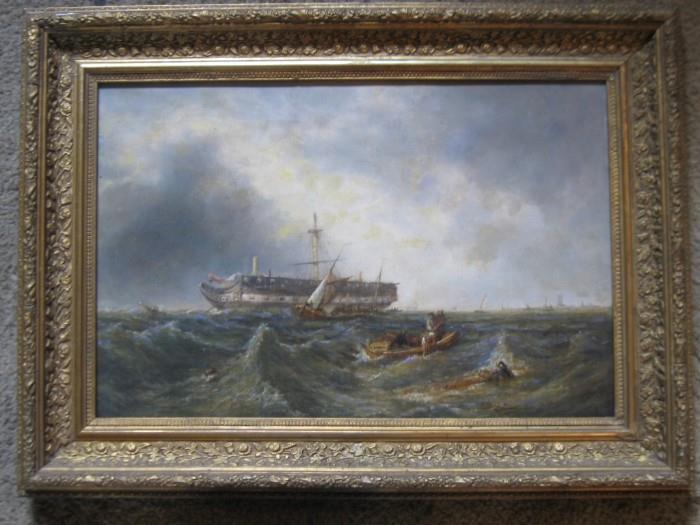 12 x 18 CANVAS SIZE...ANTIQUE EUROPEAN OIL PTG. OF A SHIPWRECK