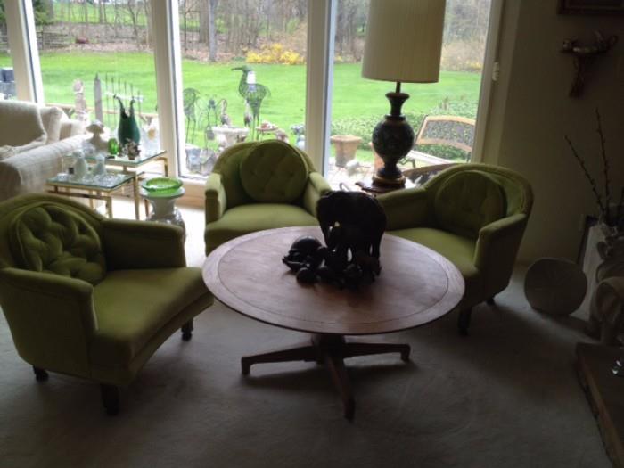 MID-CENTURY Lime Green Club Chairs & Rotating Table