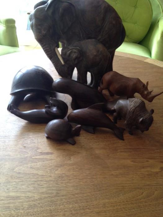 Wood Animal Figures - Elephant, Tortoise,Beaver, Dolphin, Turtle,Rhino & Bison.