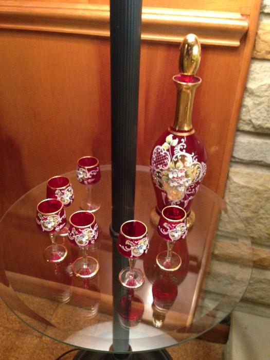 Red Glass Decanter w/6 Glasses