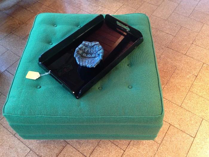 Green Ottoman w/Black Lucite Serving Tray