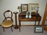 Antique spinet desk, chair, framed prints, and pair of hand-painted satin glass vases. 