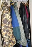 Cabelas camo jacket, nice black leather jacket, snowmobile/ski pants, bibs, etc. Most size L or XL.