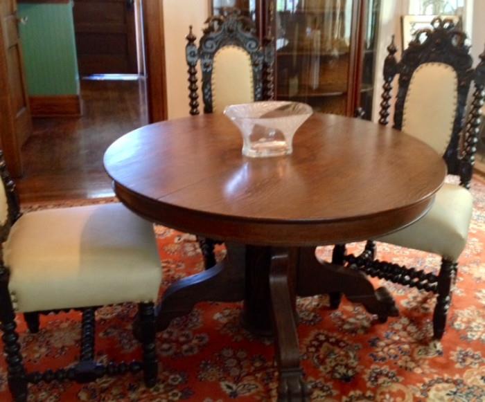 Antique Tiger Oak Pedestal Table , Antique French Carved Oak Chairs, set of 4