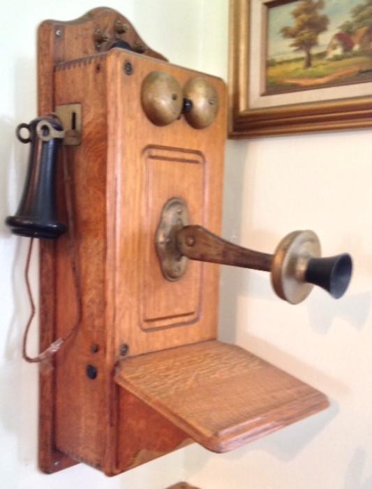 Antique Oak & Brass Wall Telephone