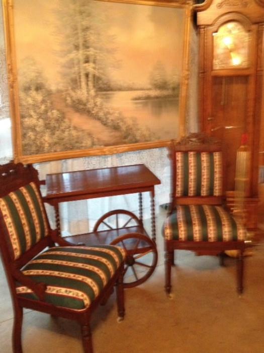 Antique East Lake Chairs, Large Oil Painting, Tea Cart and Grandfather Clock