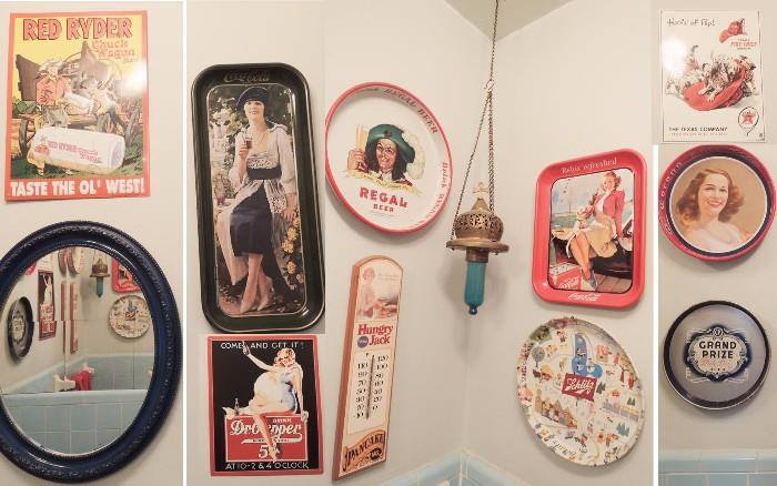 Collection of advertising tin trays.  Coke a Cola, Texaco, Regal, Dr. Pepper and more products