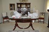 Gorgeous Vintage Drexel double pedestal Travis Court dining table with four chairs and three leaves. c.1940's