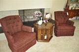 Pair of upholstered maroon side chairs with vintage Mersman hexagonal side table