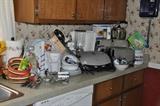 Many small appliances including George Forman new grill, vintage blender, vintage cuisinart, breadbox and toaster