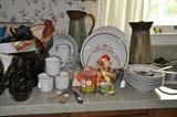Vintage Ceramic Stoneware Dinnerware Set and Vintage Capodimonte Rooster