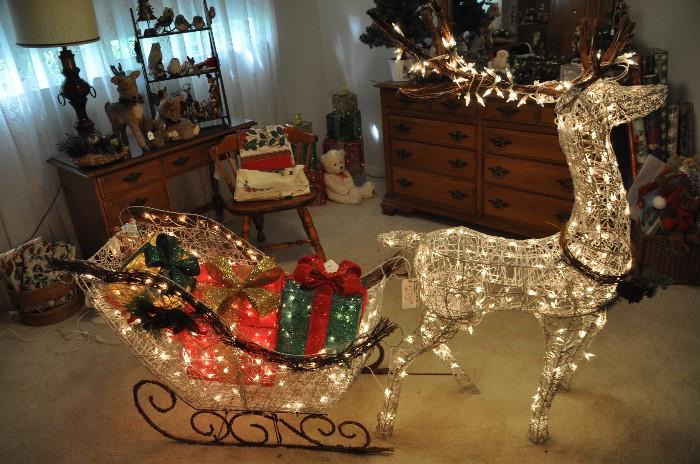Outdoor lighted reindeer and sleigh, white