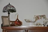 More women's evening handbags, Tiffany style lamp and antique limoges serving pieces