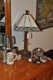Mission Style table lamp and vintage Sheffield pewter tankards