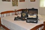 Vintage maple twin beds, pair and various sport cards