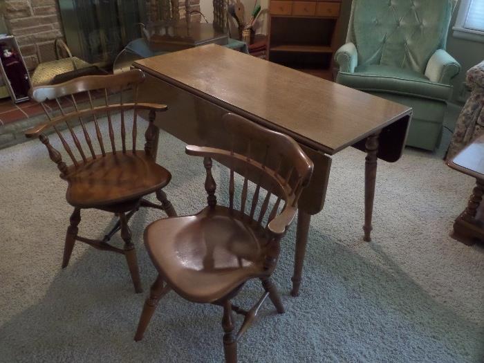 Ethan Allen drop leaf table with two captain chairs 