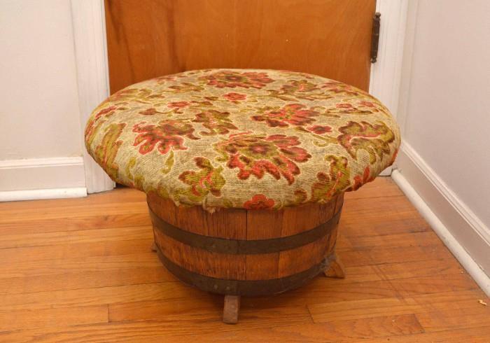 Vintage Barrel Ottoman w Upholstered Top