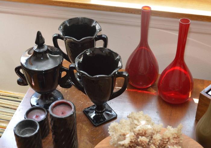 Vintage Black Onyx Glass, Red Glass Vases
