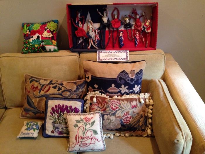 Needlepoint cushions ("I love You" pillow) Textiles, mid-century sofa, Edward Swift diorama "The Splendoretes"