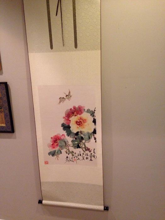 Asian scroll, Flowers painted on silk by Deying Qiao born in 1940 in Nanyang China. Her work is in collections worldwide and she has shown extensively in the US and Japan.